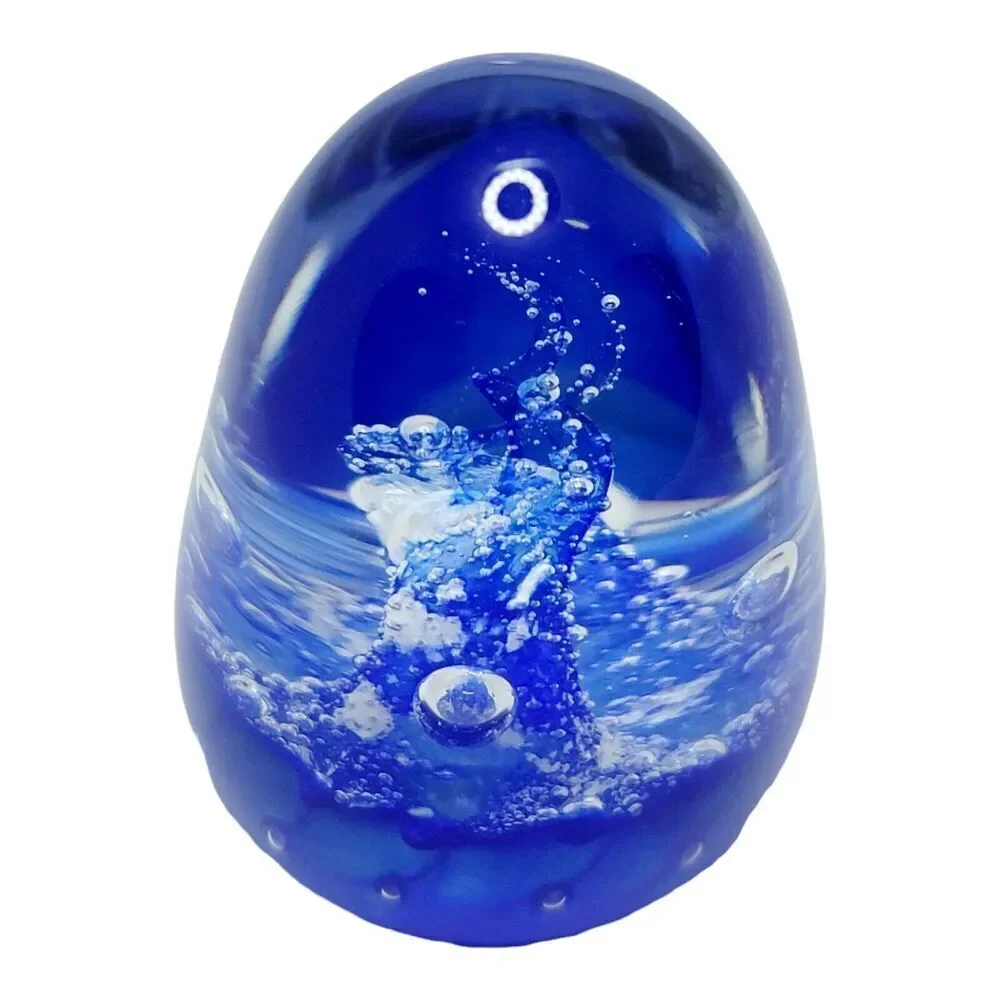 Vingate Glass Cobalt Blue Bubbles and Swirls Blown Glass‎ Paperweight Signed 3